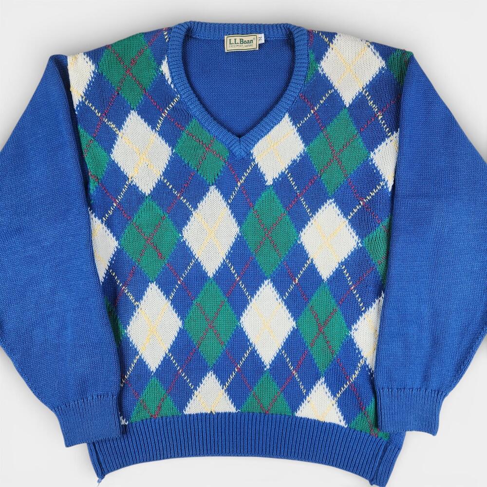 Vintage LL Bean Argyle Knit Sweater Womens Medium Blue Green !00% Cotton Knit